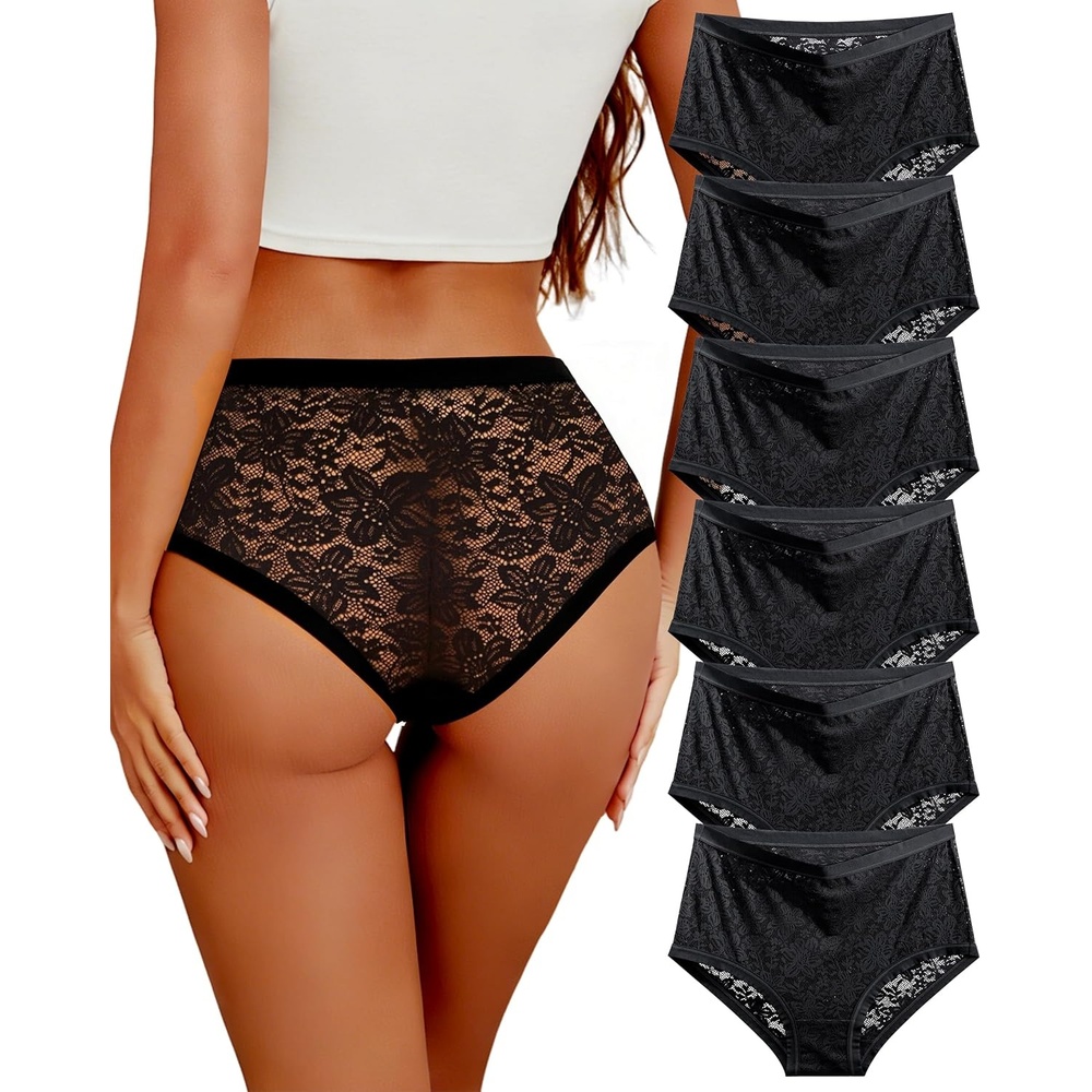 image:imageSth Big High Waisted Underwear for Women Sexy Lace Cheeky Panties Soft Full Coverage lingerie Womens Plus Size Briefs 6 PackBlack