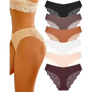image:imageSth Big Cheeky Underwear for Women Lace No Show Bikini Soft Breathe Seamless Panties Ladies Sexy Hipster Set 6 PackBlack  Mocha Gray  Brick Yellow  White  Skin Tone  Grape Purple